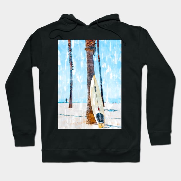 Surf Board Leaning Against Coconut Tree Hoodie by ColortrixArt